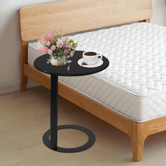 Modern C-Shaped Round Black Side Table, Metal Snack Table for Couch or Bed, 23.6" L x 29.1" H