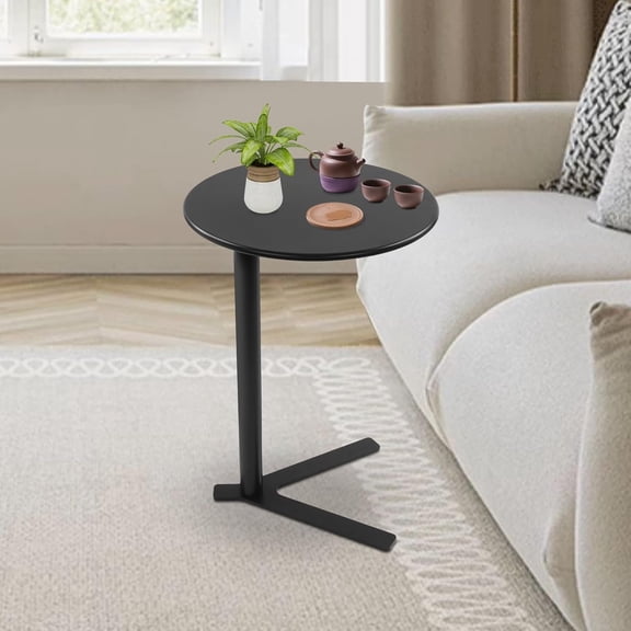 Modern C-Shaped Round Side Table, Black Metal Snack Table for Couch or Bed, 19" L x 27" H