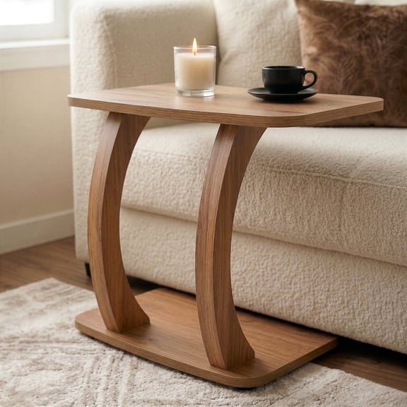 Modern C Shaped Side Table with Rectangular Top, End Tables Space Saving Design, Brown
