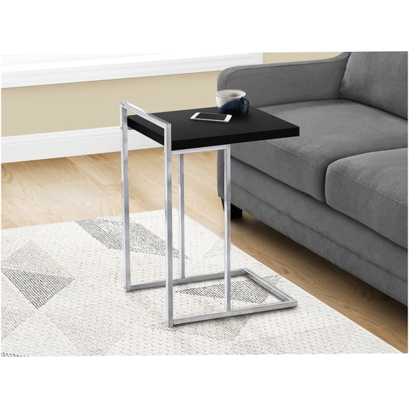 Modern C-Shaped Sofa Side Table with Chrome Metal Base, Black Laminate Accent End Table for Living Room, Bedroom