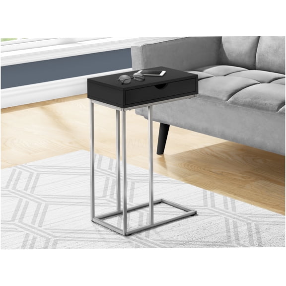 Modern C-Shaped Sofa Side Table with Storage Drawer, Black End Table for Living Room, Bedroom Snack Table with Metal Frame