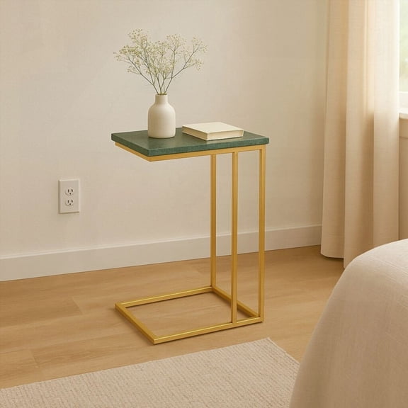 Modern "C" Table for Living Room with Green Marble Top and 24-Inch Golden Metal Frame
