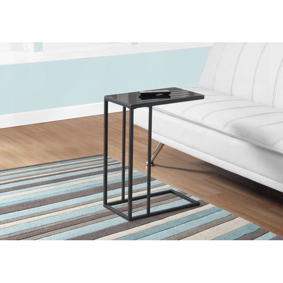 Modern C-shaped Accent Table with Black Tempered Glass and Metal Base for Living Room and Bedroom