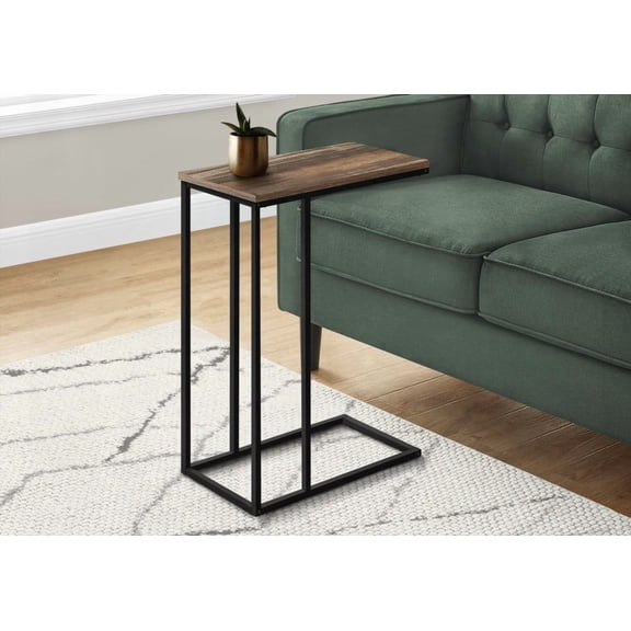 Modern C-shaped End Table with Brown Laminate and Black Metal for Living Room and Bedroom