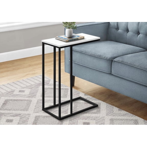 Modern C-shaped End Table with White Laminate and Black Metal for Living Room and Bedroom