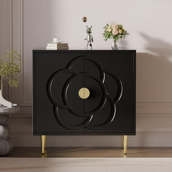 Modern Cabinet with Decorative Flower Pattern Doors - Accent Sideboard Buffet for Hallway, Living Room, Kitchen - Black