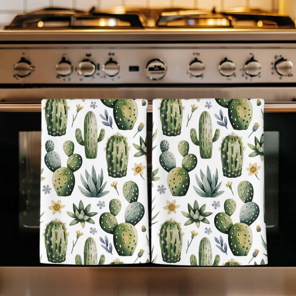 Modern Cactus Kitchen Towels Set of 2, Spring Watercolor Country Green Plant Absorbent Dish Towels for Kitchen, Microfiber Hand Towel, Quick Drying Tea Towel for Cleaning Decorative Dishcloths
