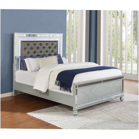 Modern California King Bed with LED Headboard Lighting, Silver Upholstered Platform Frame