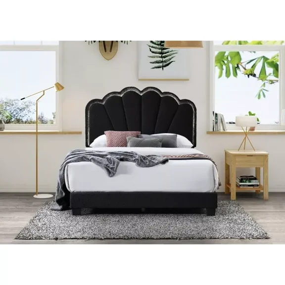 Modern California King Platform Bed, Shell Arc Adjustable LED Headboard, Black