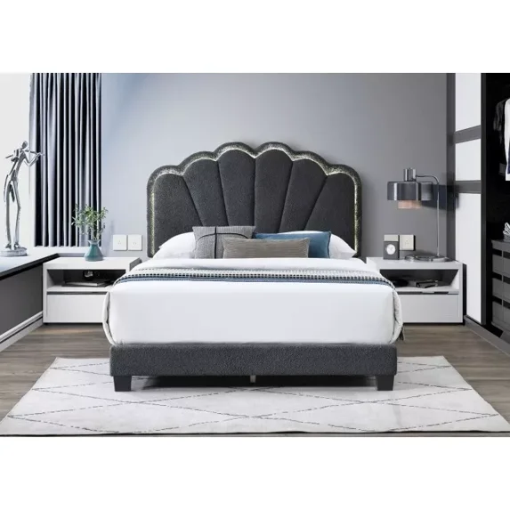 Modern California King Platform Bed, Shell Arc Adjustable LED Headboard, Gray
