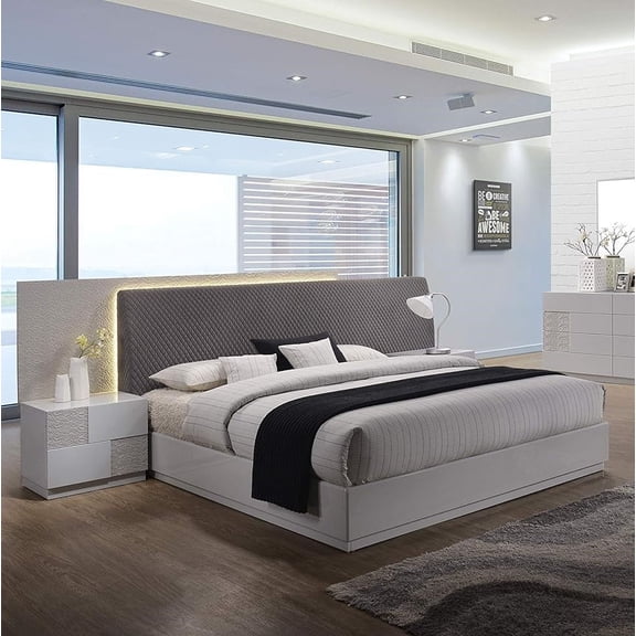 Modern California King Size Platform Bed with LED Headboard, Lacquer Finish Luxurious Bed, Silver/Gray