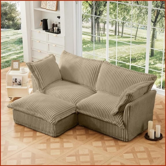 Modern Camel Corduroy 2-Seater Sectional Sofa with Convertible Ottoman Detachable Cover, Deep Seat for Living Room