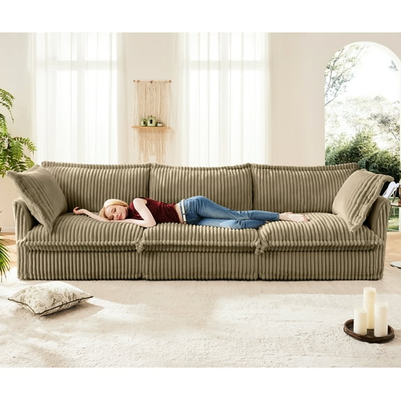Modern Camel Corduroy - 3 Seater With Deep Seat & Comfy Pillows For Living Space Spacious 3 Couch Soft Cushions Comfortable