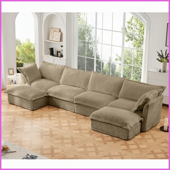Modern Camel Corduroy 4-Seater U-Shape Sectional Sofa with French Edges & Removable Covers for Living Room