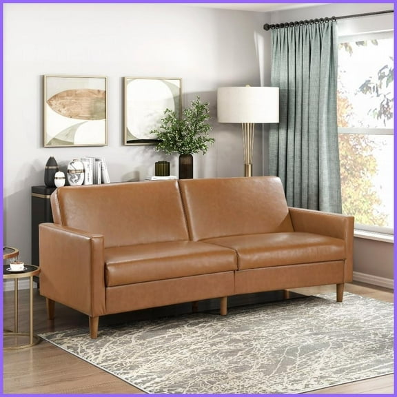 Modern Camel Faux Leather 3-Seat Sleeper Sofa for Living Room - Durable Plywood Frame & Easy Conversion