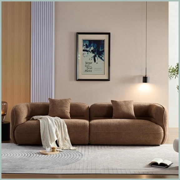 Modern Camel Sectional Sofa with 2 Throw Pillows – Durable Fabric, Solid Wood Frame, High-Density Sponge for Living Room