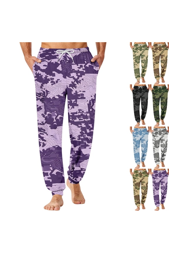 Modern Camo Pattern Sleep Pants for Men Stretch Drawstring Waist Pajama Pants,Jogger Cuff Comfy Daily Indoor Lounge Pants,XL,Purple