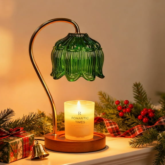 Modern Candle Warmer Desk Lamp with Timer & Dimmable Light - Flameless Wax Melter, Glass & Wood Design