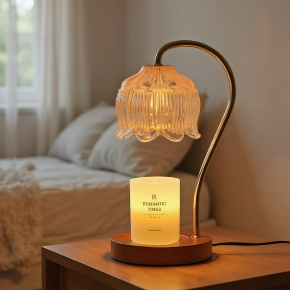 Modern Candle Warmer Desk Lamp with Timer & Dimmable Light - Flameless Wax Melter, Glass & Wood Design