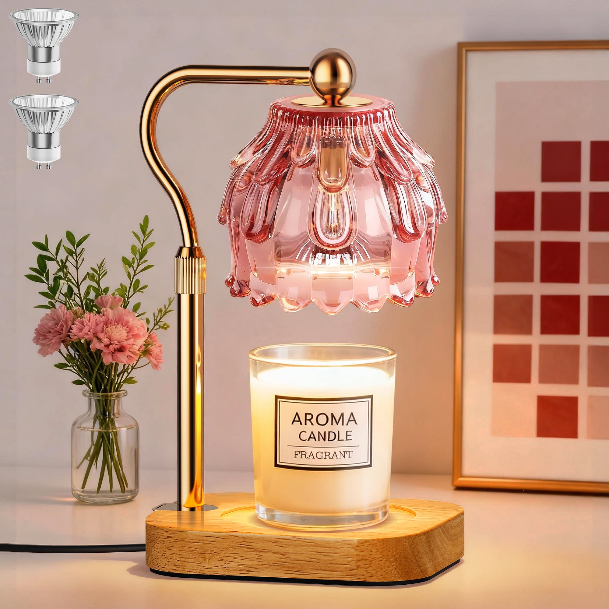 Modern Candle Warmer Lamp with Timer Dimmer, Adjustable Height Glass Lamp for Gifts, Home Decor, Pink