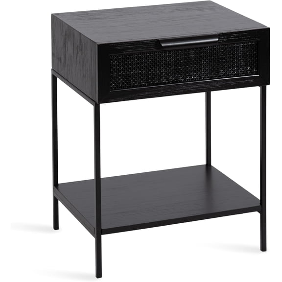 Modern Cane Rectangle Side Table, 18 x 15 x 24, Black, Versatile Rattan Living Room End Table with Drawer for Storage and Home Decor