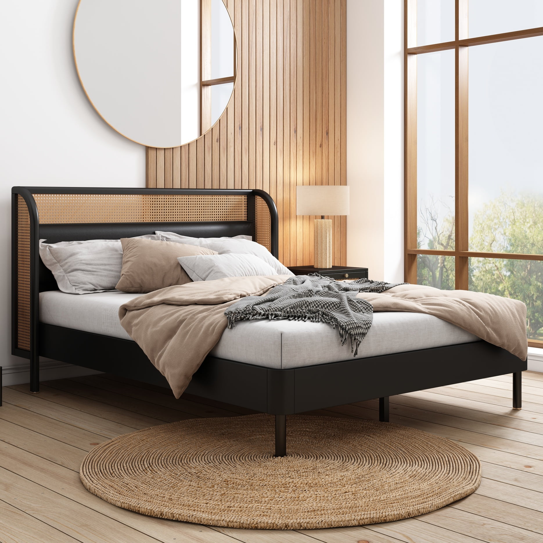 Queen Wood Platform Bed Frame,Rustic,Bohemian Unique Style,Cannage Rattan Wood Bed,No Box Spring Needed,14 Strong Wood Slat Support,Easy Queen Wood Platform Bed Frame,Rustic,Bohemian Unique Style,Cannage Rattan Wood Bed,No Box Spring Needed,14 Strong Wood Slat Support,Easy