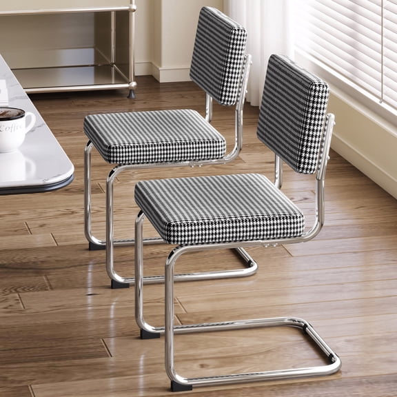 Modern Cantilever Dining Chairs Set of 2, Houndstooth Linen Fabric Upholstered Kitchen Chairs with Stainless Steel Base, Mid-Century Accent Side Chairs for Dining Room, Black & White