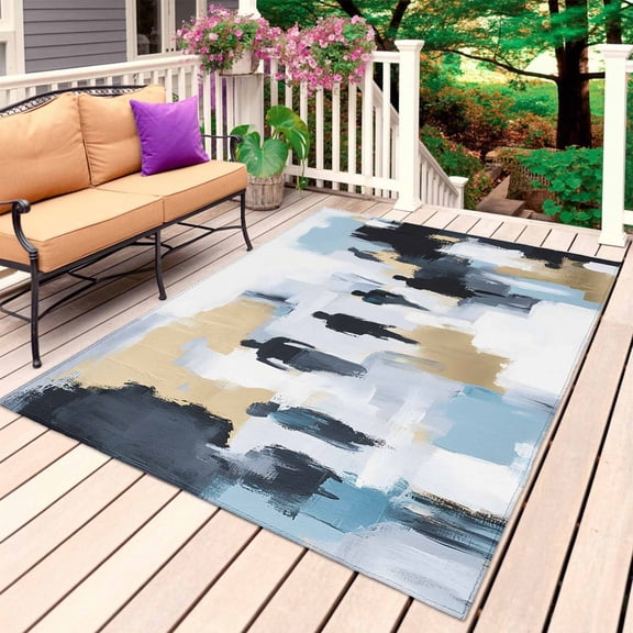Modern Canvas Outdoor Rug 3x5 Ft, Non Slip Washable Area Rug, Abstract Oil Painting Art Patio Rugs Carpet Runner, Large Floor Mat for Indoor/Outdoor Deck Porch Camping