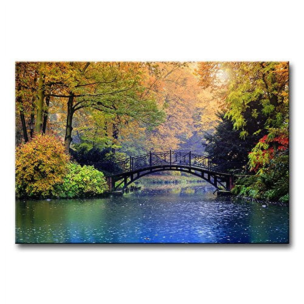 Colourful　Bridge　Picture　Painting　Modern　Art　The　Park　Decoration　Over　For　Home　With　Autumn　Canvas　Blue　Misty　Lake　In　Wall　Old　Forest＆-　Trees　Landscape