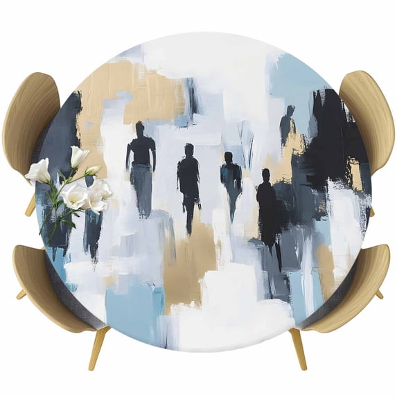 Modern Canvas Round Tablecloth 36-44 Inch Round Fitted Table Cloth with Elastic Edge, Abstract Oil Painting Art Waterproof Table Cover Protector for Outdoor Picnic Party Dining