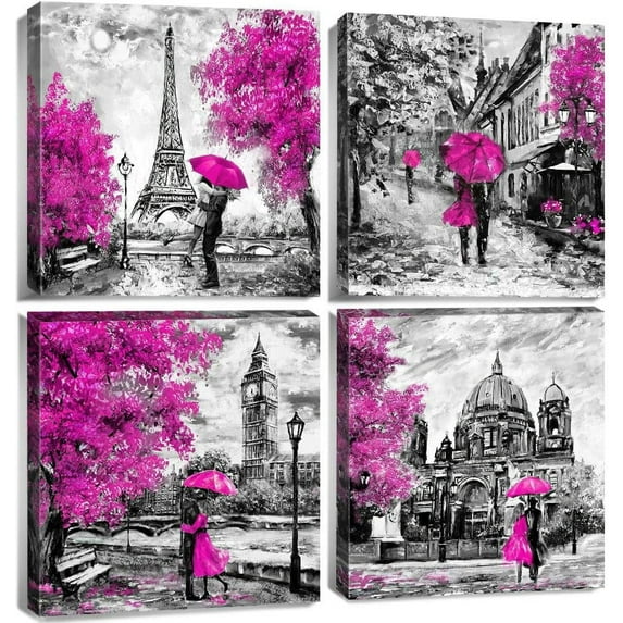 Modern Canvas Wall Art Black and White Dark Pink Umbrella Couple Eiffel Tower Berlin Street Printed Oil Painting 16x16 Inches x 4 Panels Romantic Picture Framed Artwork for Bathroom Home Decoration