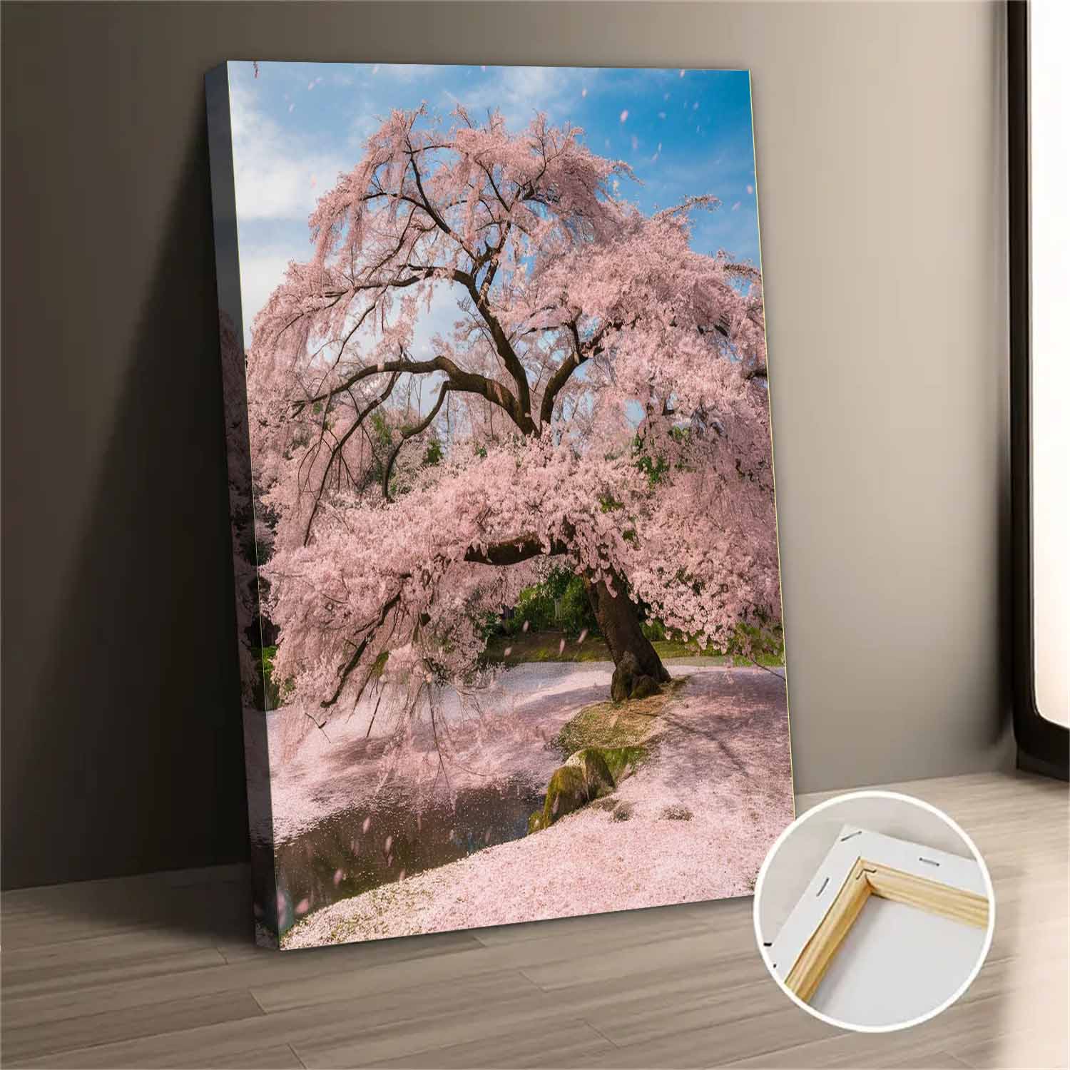 Modern Canvas Wall Art Print Of Pink Cherry Blossom Tree Over Pond ...
