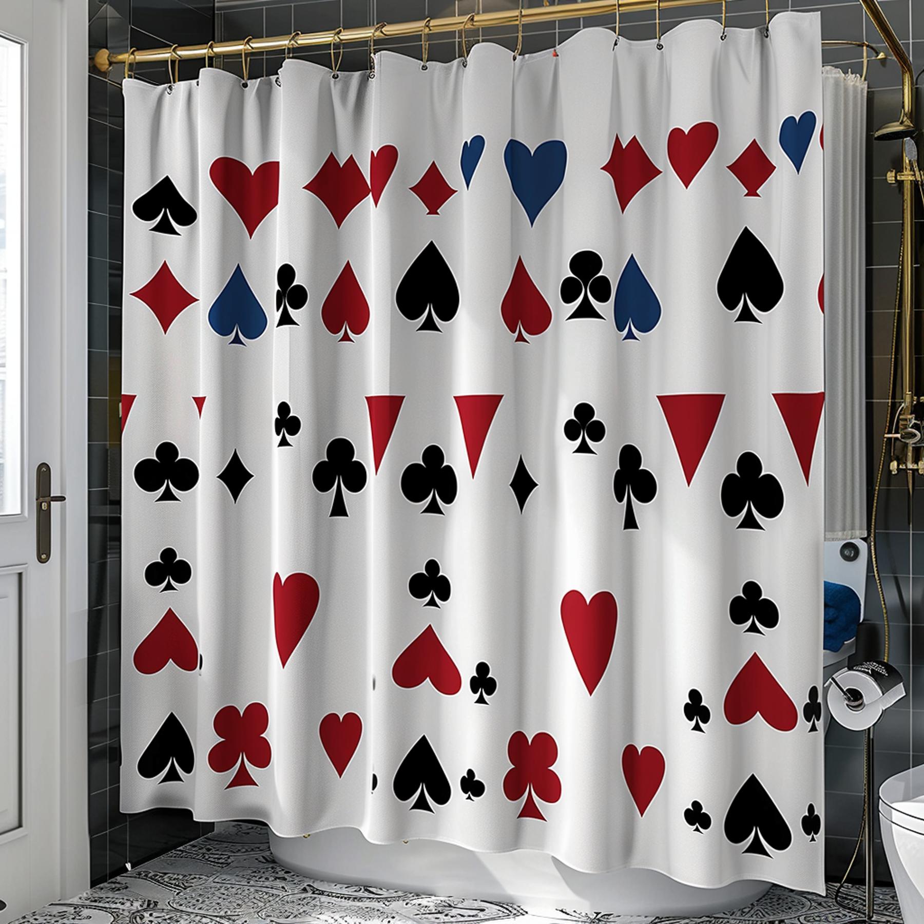 Modern Card Suit Shower Curtain White Bathroom Decor with Red Black and