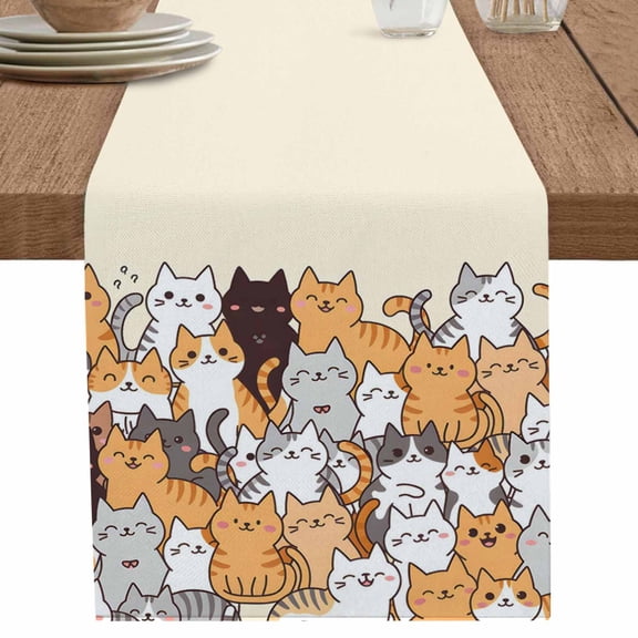Modern Cartoon Cute Black Brown Cat Table Runner-36 Inch Long Orange White Animal Table Runners Linen Burlap Tablerunner for Kitchen Dining Room Holiday Party