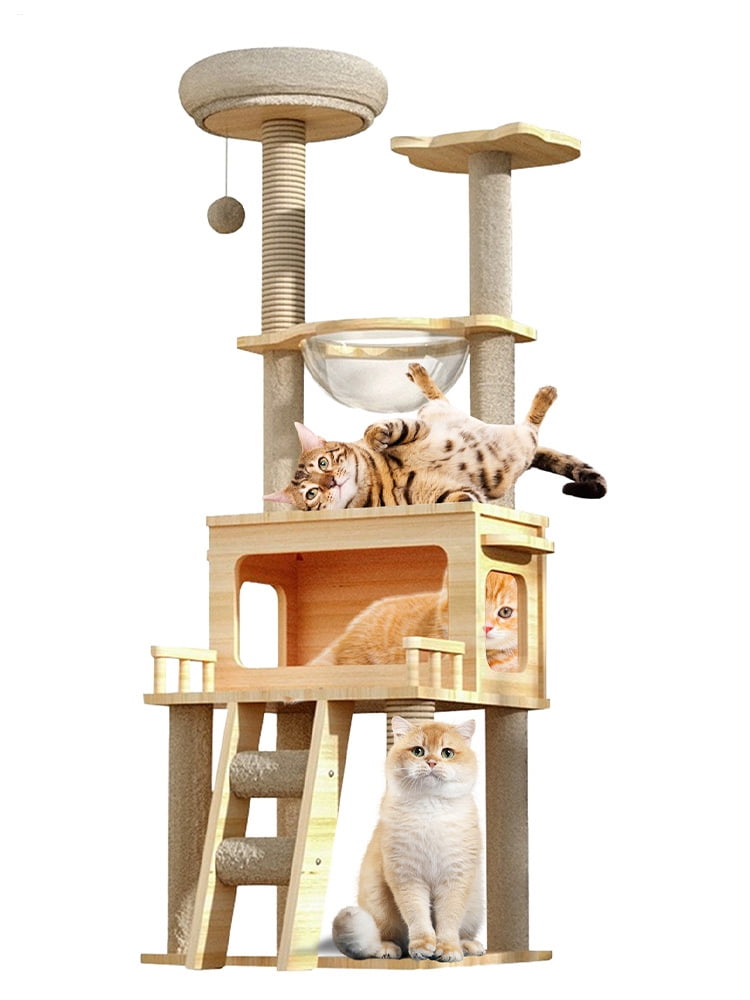 Modern Cat Condo Tower with Bowl, 57.8-Inch Tall Design for Multi-Cat Homes