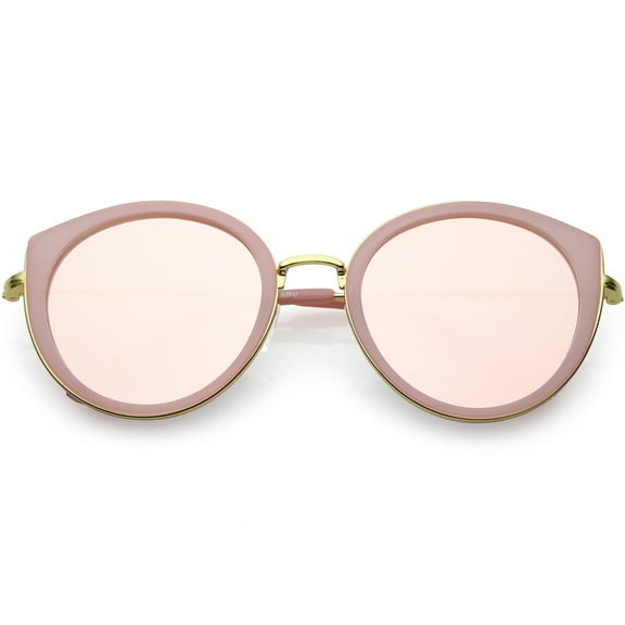 Modern Cat Eye Sunglasses Metal Trim Round Colored Mirror Flat Lens 53mm (Pink Gold / Pink Mirror )