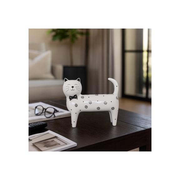 Modern Daisies Cat Figurine for Home Decor - Ceramic Ornaments for Bathroom, Office, and Living Room Accent - Decorative Sculpture for Shelf or Coffee Table Display - 7", White & Black