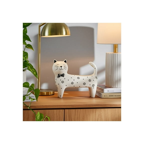 Modern Cat Figurine with Bowtie - Decorative Ceramic Animal Statue - Minimalist Home Decor for Living Room, Bedroom, or Office - Cute Gift for Cat Lovers - 7" White