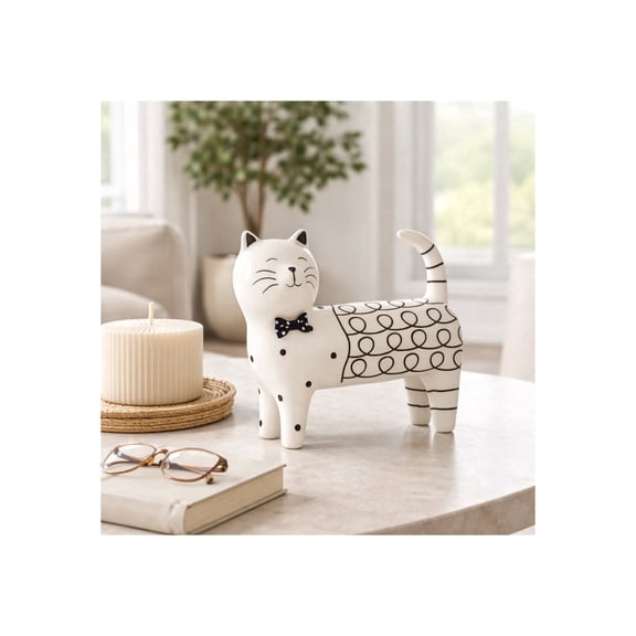 Cat Figurine with Swirl Design for Home Decor - Modern Ceramic Sculpture for Bathroom, Office, Room, Living Room and Shelf Display Styling - 7", White