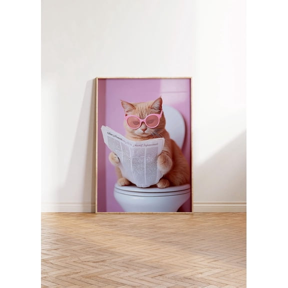 Modern Cat In Tet Reading Newspaper Bathroom Tet Animal In Pink | Wall Decor| | Home Decor| Art Unframed Paper Print