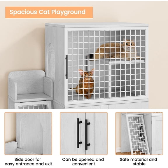 Modern Cat Litter Box Enclosure Dual Layer Hidden Cat Washroom with Sturdy Ladder Ideal Cat Cabinet for Indoor Cats in White