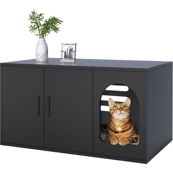 Modern Cat Litter Box Enclosure Furniture as End Side Table, Stackable Litter Box Furniture with Front Entry Cat Door (Black)