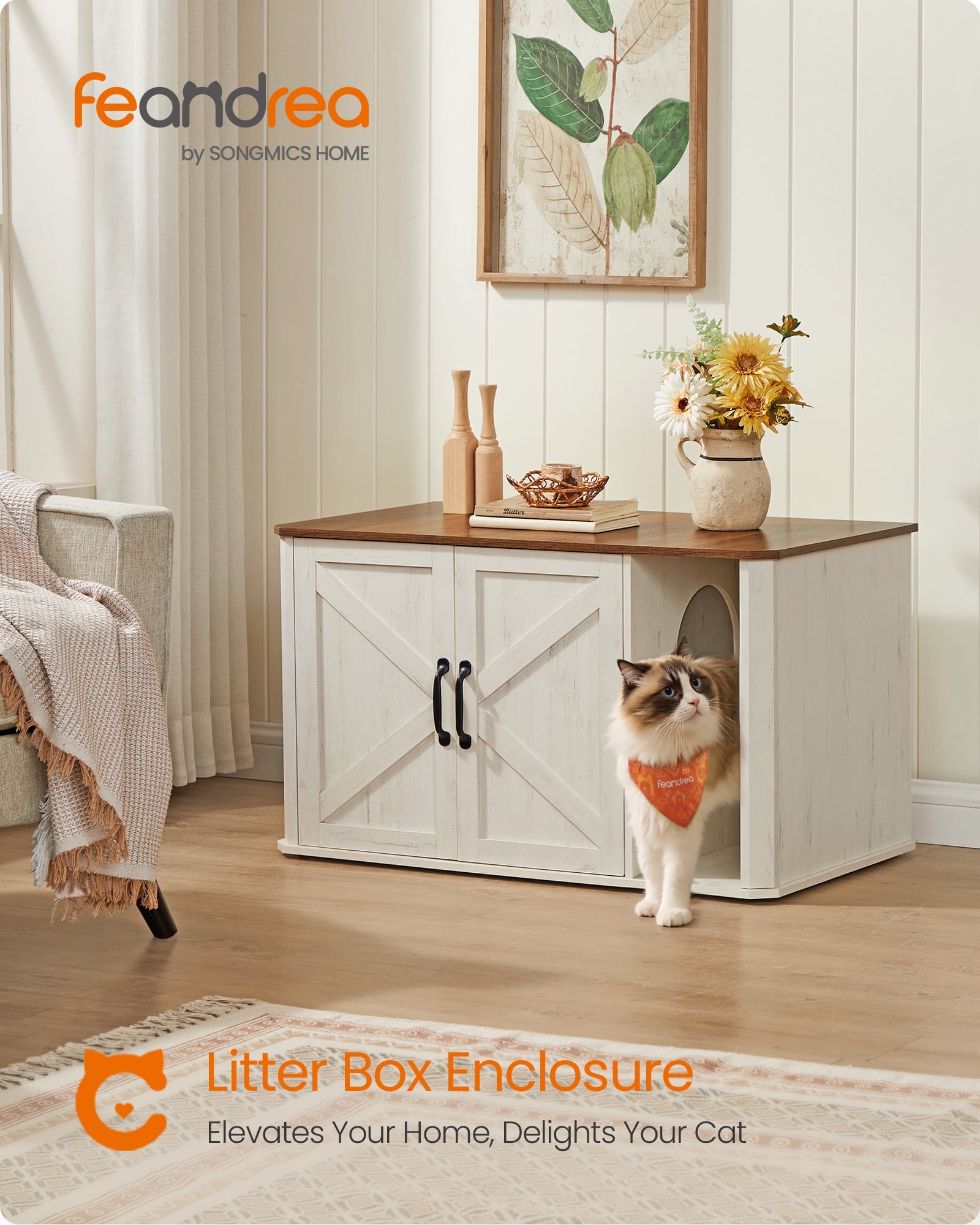 Modern Cat Litter Box Enclosure, Hidden Double-Door Furniture with Handles, Side End Table Design, 33.5 x 19 x 19.5 Inches, Honey Brown & Rustic White