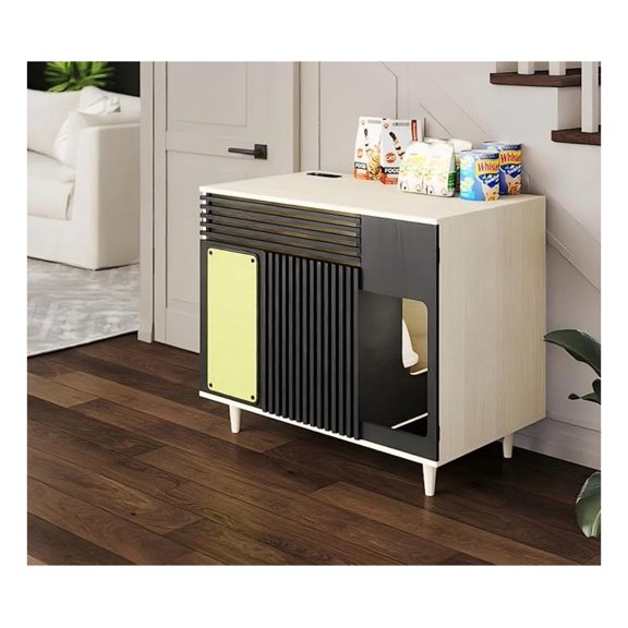 Modern Cat Litter Box Enclosure with Countdown Timer (5-60 Min), & Scent Control, Cat House, Scratching Mat, Multifunctional Side Table, Wood