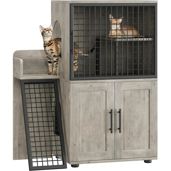 Modern Cat Litter Box Enclosure with Platform & Ladder,Double Layer Hidden Cat Washroom, 33.5" L x 17.9" W x 41.9" H, Grey
