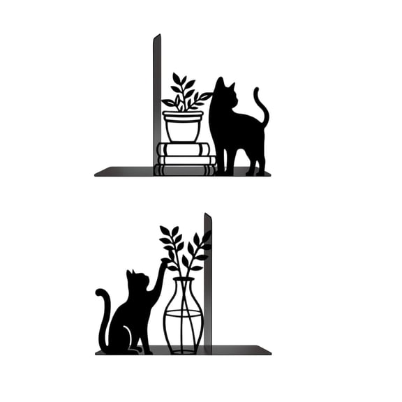 Modern Cat Metal Bookend, 1 Pair Black Simple Bookends, Cute Decorative Book Ends for Office Home Bookshelf Bedroom Library Read Lovers Decor