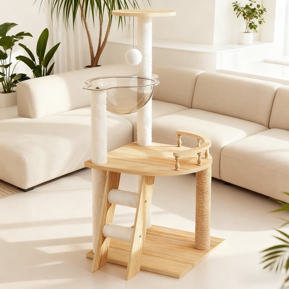 Modern Cat Tower, Wood Cat Tree Tower for Indoor Cats, Cat Treewith Sisal-Covered Scratching Posts and Top Perch, Cat Condo with Acrylic Hammock for Small Large Cats
