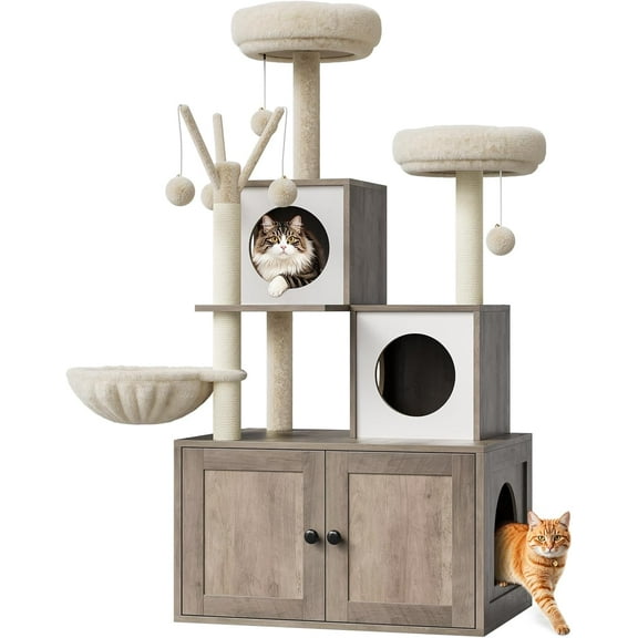 Modern Cat Tower with Litter Box, Removable Pompom, 54.3-Inch Cat Tree Condo, Hammock, Plush Perch, Indoor