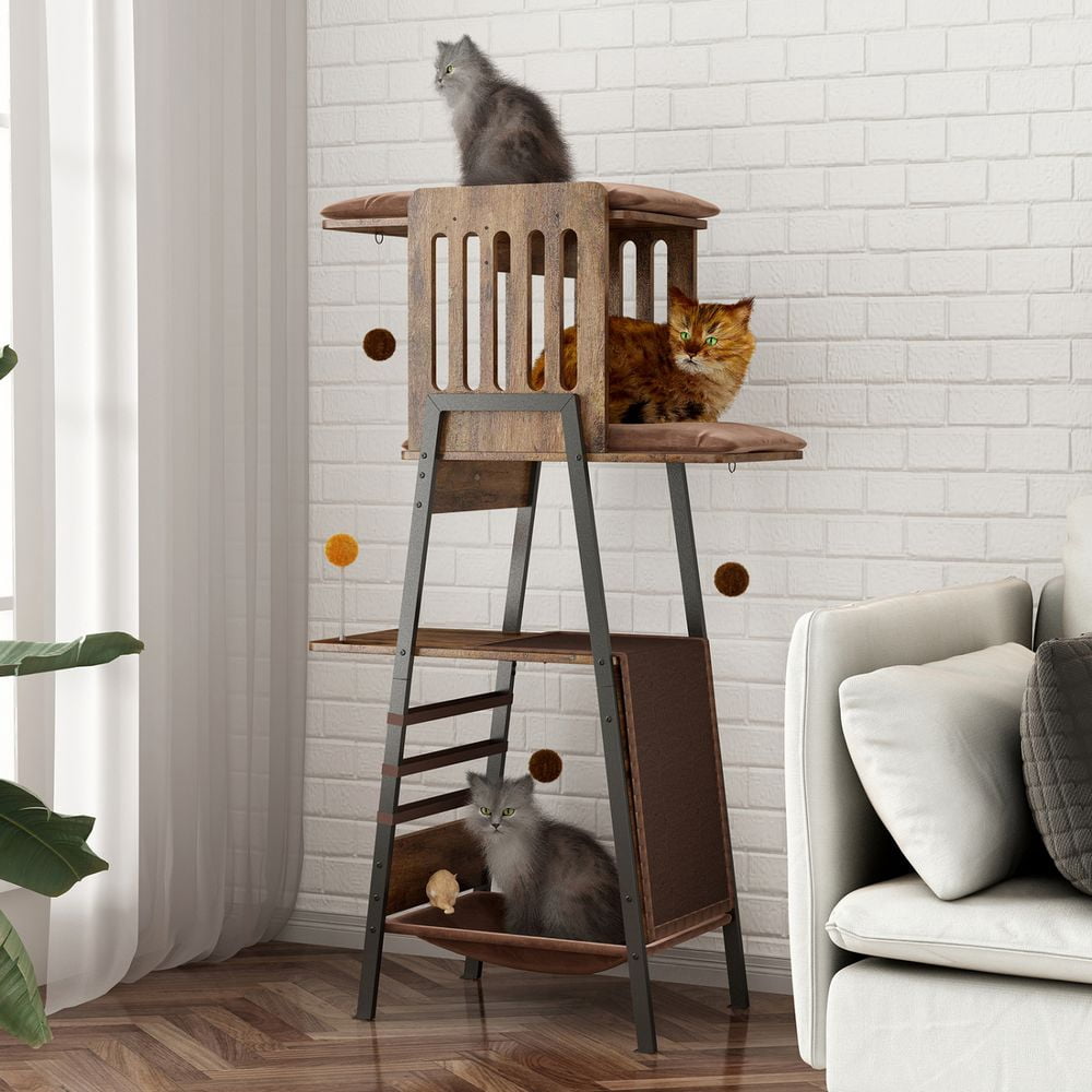 Modern Cat Tree 58 Inch Cat Tower for Large Cats Maine Coon Cat Tree with Scratching Board Large Perch Hammock Rustic Brown