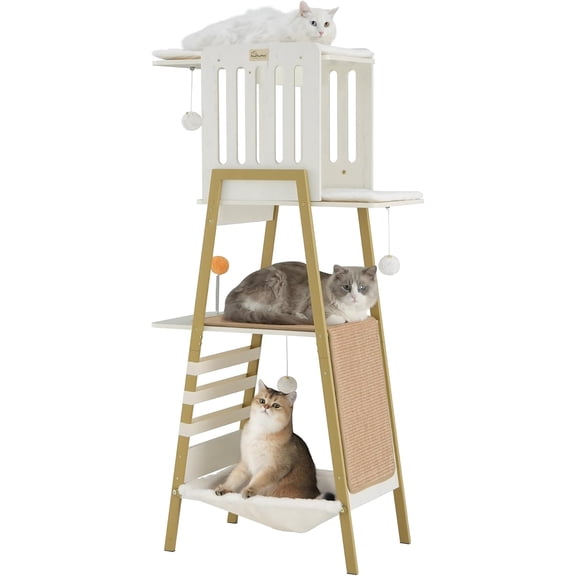 Modern Cat Tree, 58-Inch Cat Tower for Large Cats, Maine Coon Cat Tree with Scratching Board, Large Perch, Hammock and Removable Pads, White